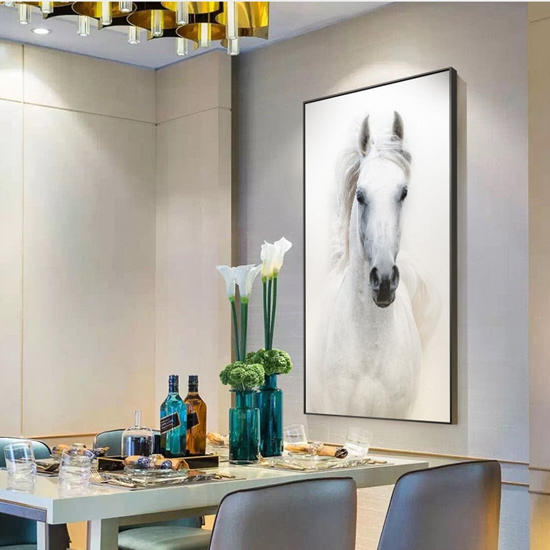 Nordic Style White Horse Canvas White Poster Print Modern Wall Art Pictures